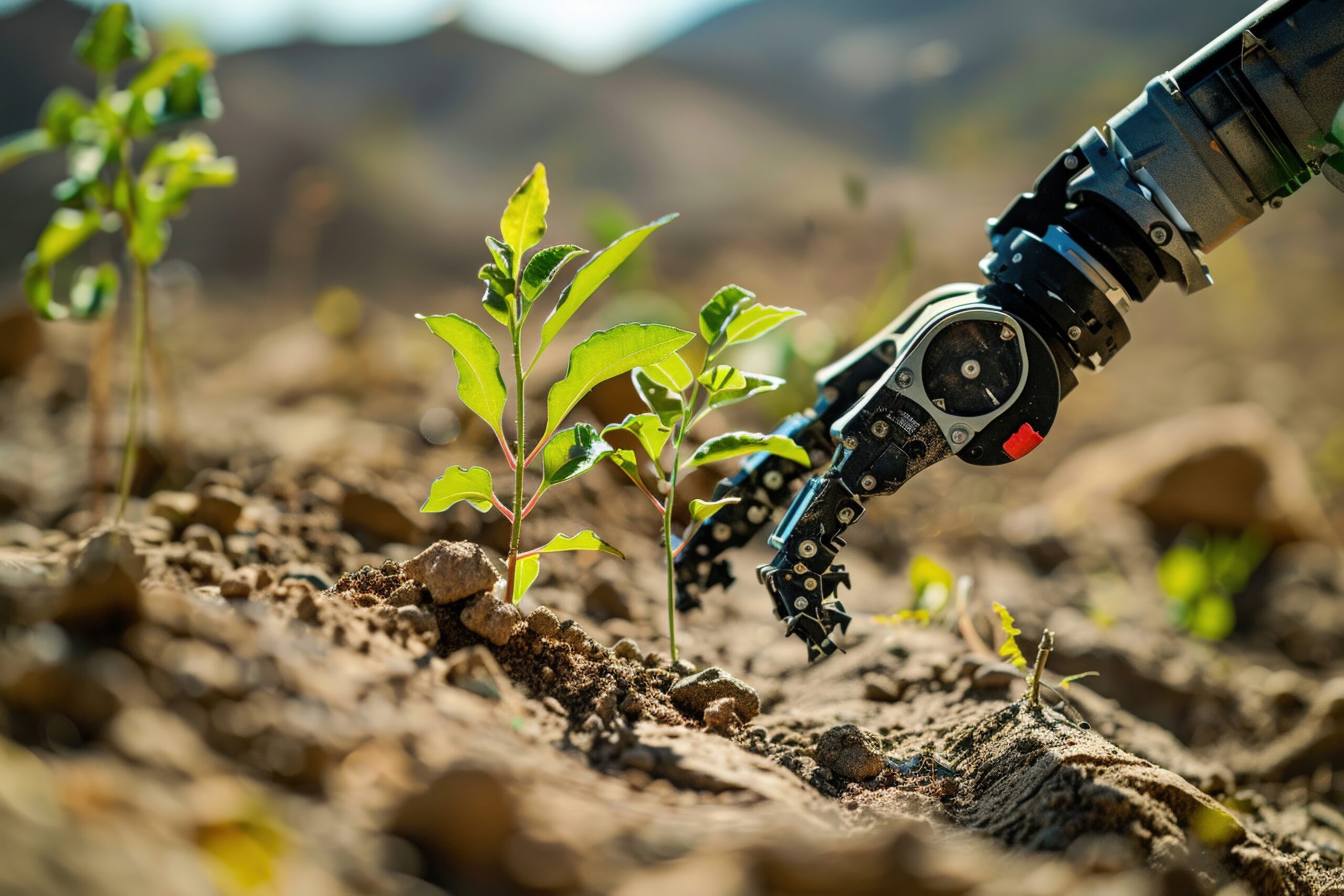 Close up of a robotic arm planting seedlings in a desert farm equipped with water efficient hydrogel technology and powered by renewable energy sources highlighting the synergy between robotics